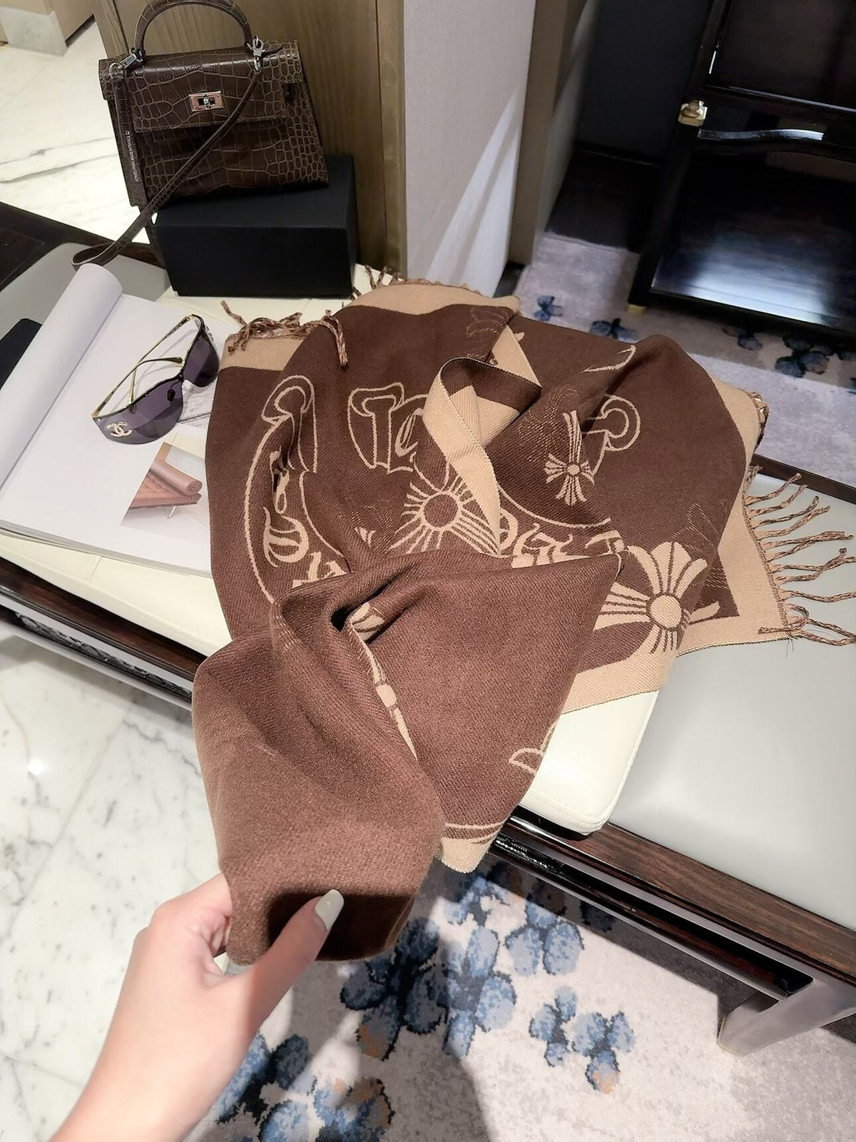 Chrome Hearts Style Cross Emblem Fringe Scarf